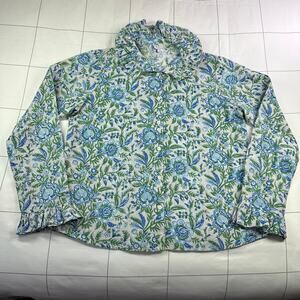 Saule Park Top Womens Small Blue Green Floral Button Up Ruffle Garden Cotton